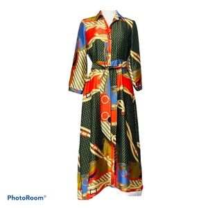 Zara Multicolor Colorblock Long Sleeve Belted Button Up Shirt Maxi Dress NWT s.M